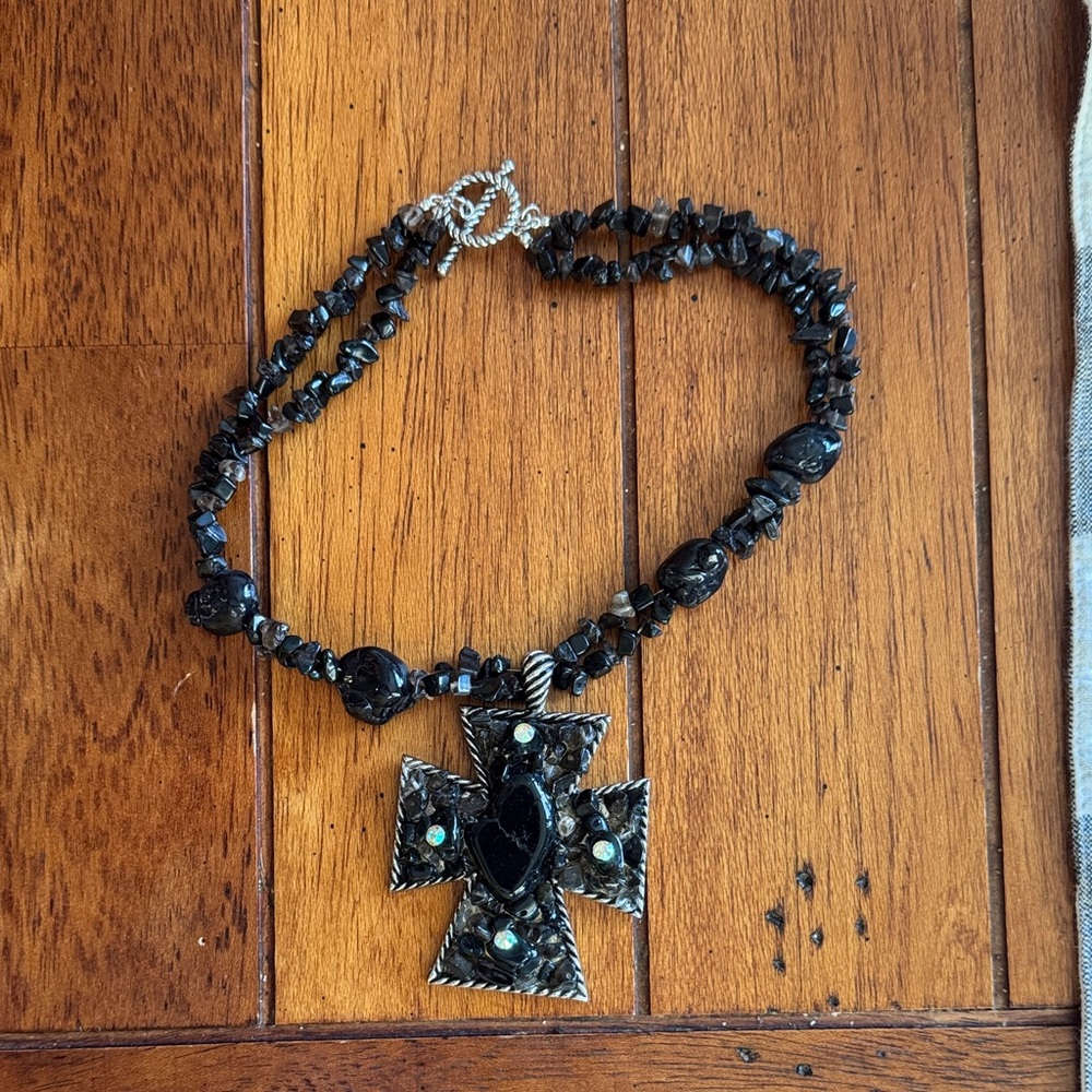Stanley Black Beaded Necklace with Cross Pendant